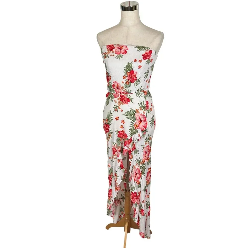 Love...ady Pink Hibiscus Green Front Slit Dress Women's Small Strapless - Picture 2 of 11